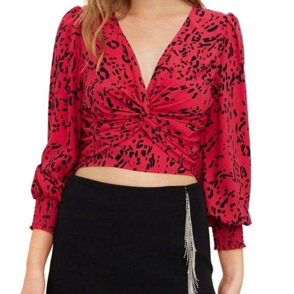 Vero Moda Red Black Print Twist Front Long Sleeve Cropped Top Large - Picture 1 of 12